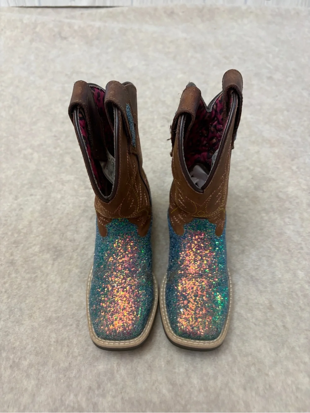 Smoky Mountain Glitter Blue Teal Brown Square Toe Western Cowgirl Boots Girls 11